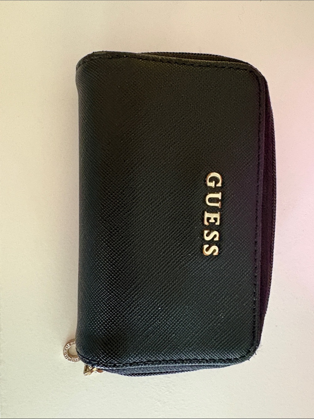 GUESS Black Zip Card Holder with Gold Logo